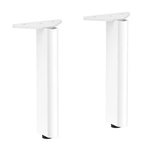 Weißer Möbelfuß aus Metall mit einer dreieckigen Montageplatte. Produkt von Hansgrohe, geeignet zur Befestigung an Möbelstücken.